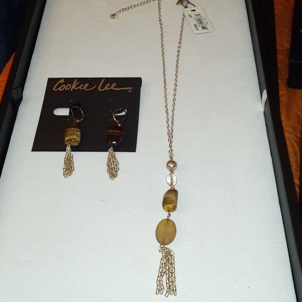 Cookie Lee Tiger Eye Necklace & Earrings Set Gold Tone Dangle Jewelry